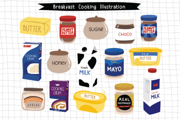 16 Breakfast Cooking Bottle Illustration: Graphics & Print