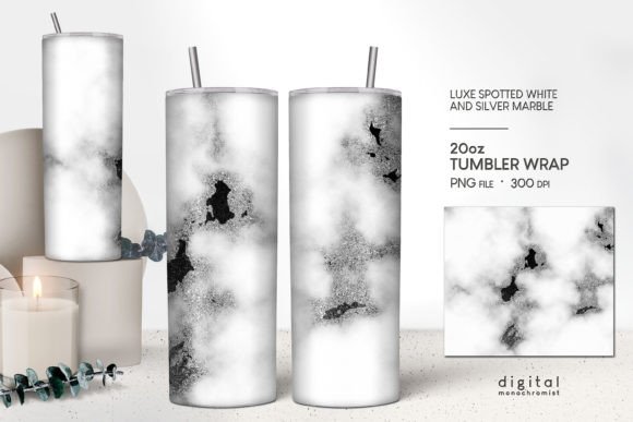 White Marble W Silver Black Tumbler Graphics for Crafts